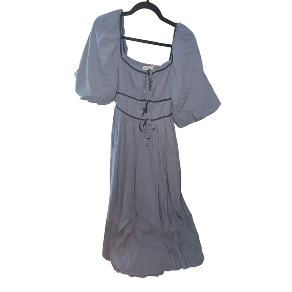 In Loom Women Blue Puff Sleeve Velvet Tie Smocked Back Midi Cottagecore Dress L - Picture 2 of 7